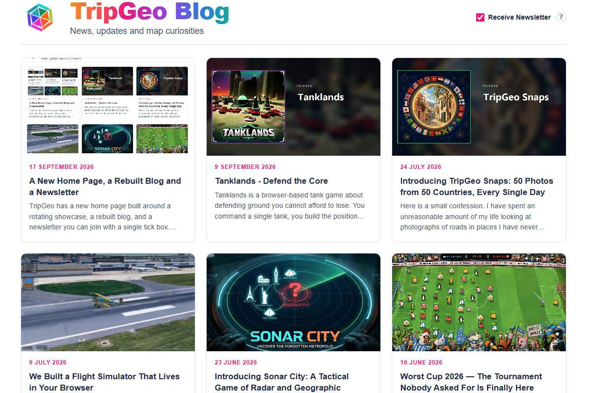 The redesigned TripGeo blog, showing the post grid