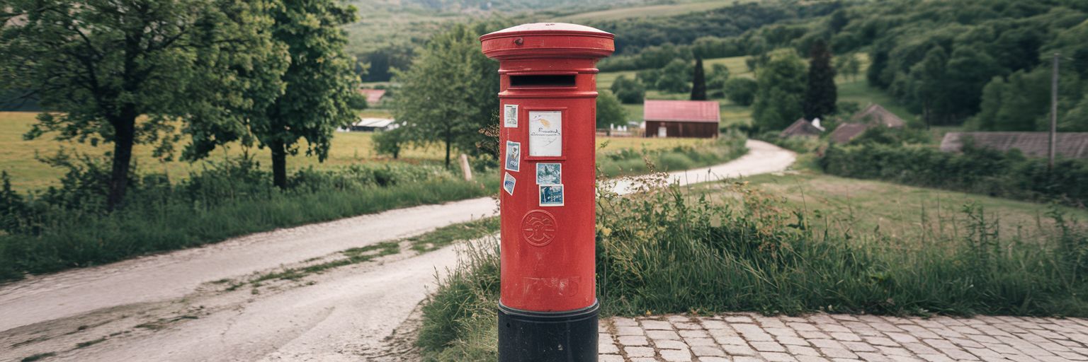 A red postbox beside a country lane